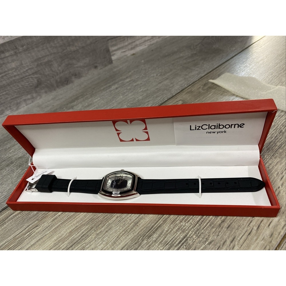 Liz Claiborne Watch Womens OS Black‎ New Silicone Strap Tonneau Silver Case Box